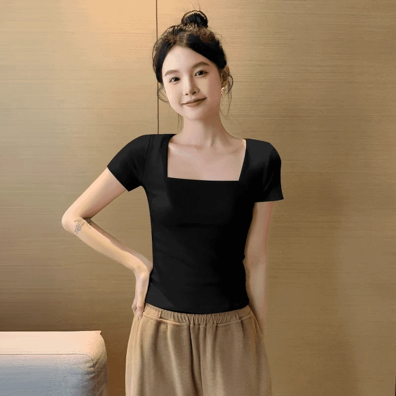 精致白色夏季方领短袖t恤女韩版新款修身辣妹运动休闲时尚上衣ins