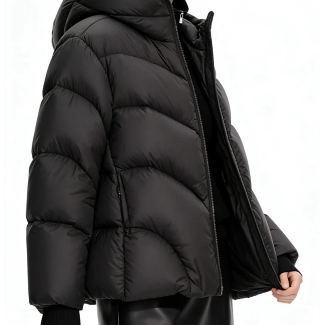 江短款连帽保暖黑色龟背泡芙修身潮流防风上衣羽绒服