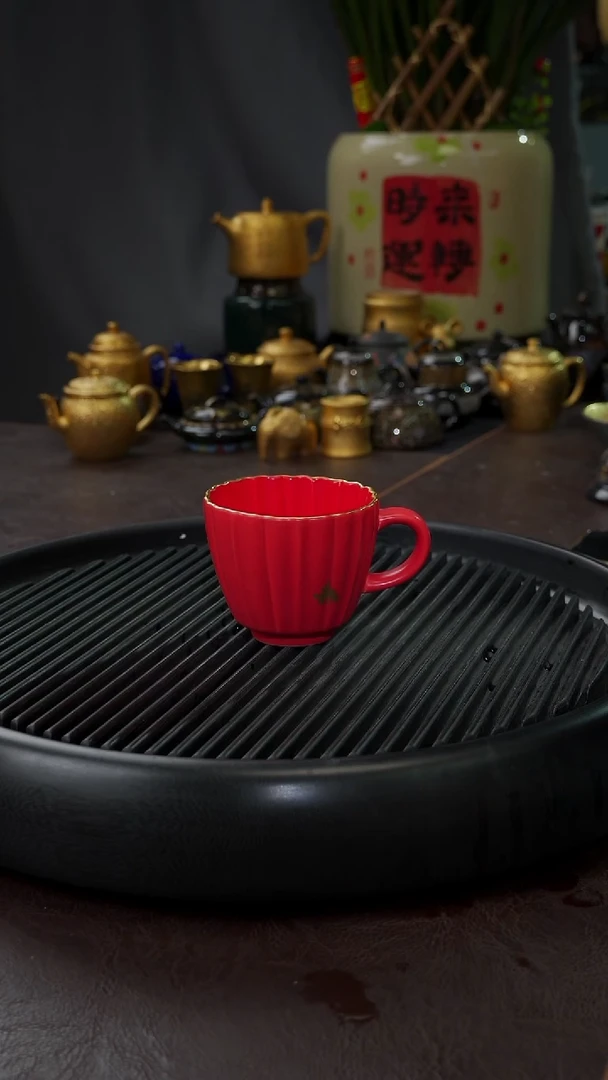 【闪购商品】杯【宜景窑中国红描金】筋纹马克杯