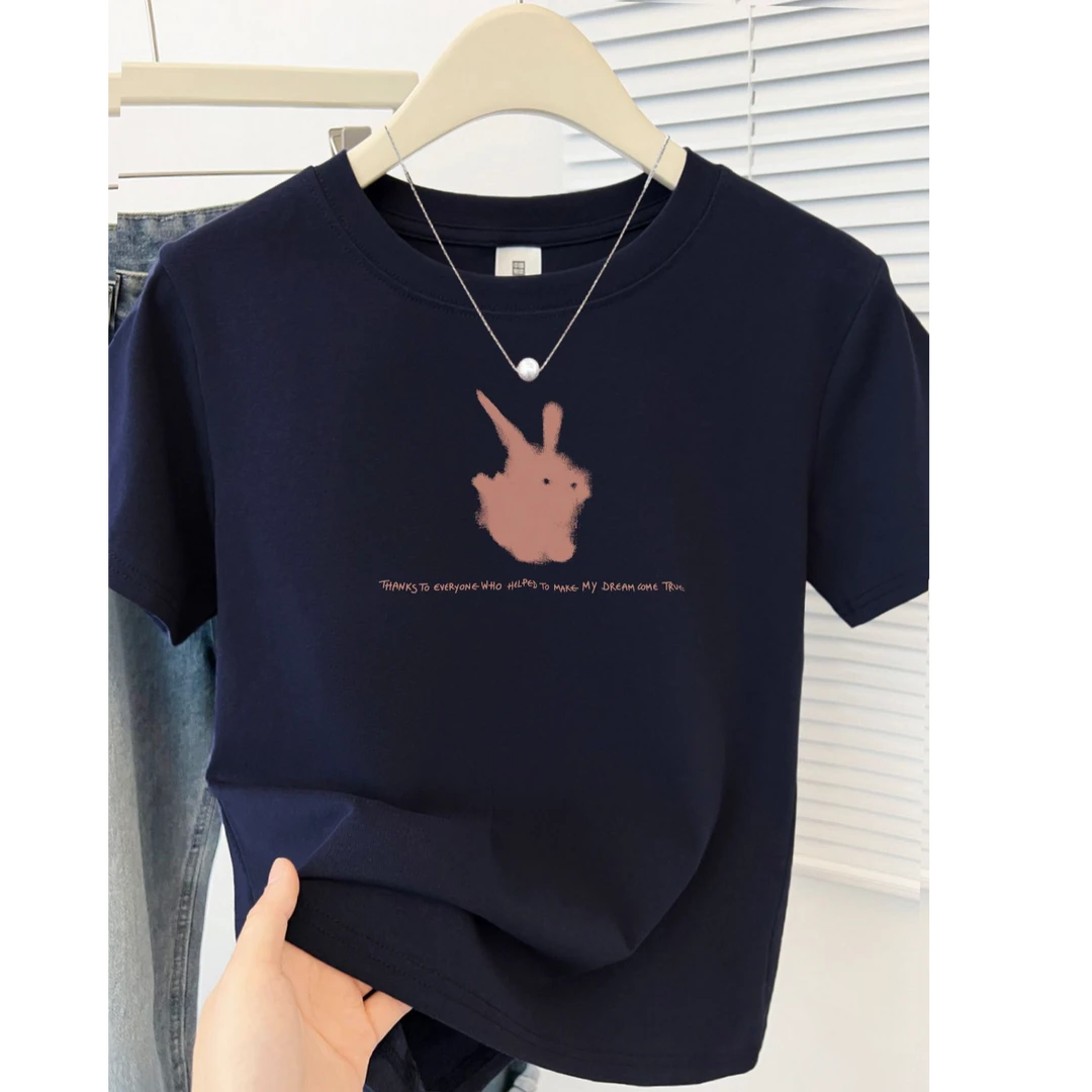 可爱兔子印花夏季2025新款正肩圆领短袖T恤韩系学院风显瘦上衣潮