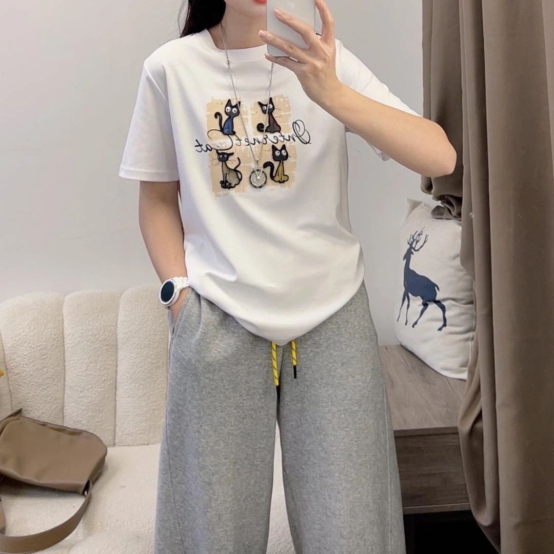 小众设计感猫咪黑色短袖t恤女夏季2025新款爆款宽松上衣DYY2689