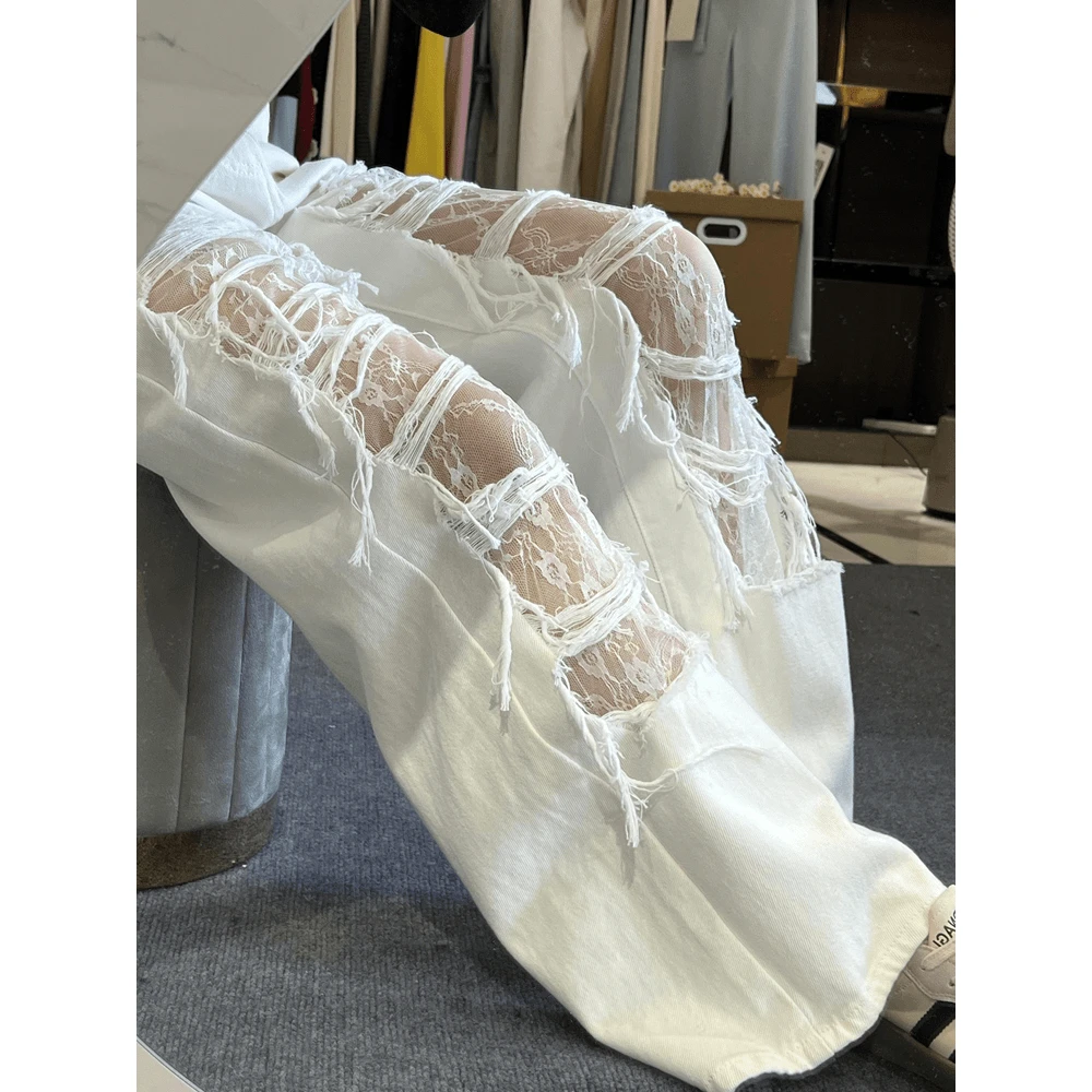 美式蕾丝拼接高街破洞直筒牛仔裤女2025春夏小众宽松显瘦阔腿裤子