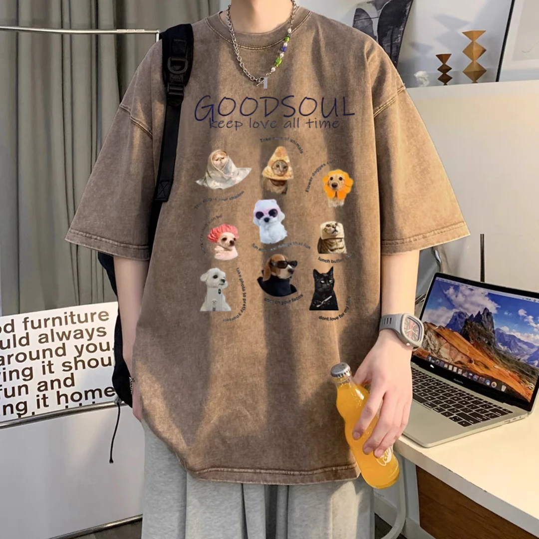 设计感小众印花纯棉短袖男夏季百搭宽松休闲ins美式水洗做旧上衣