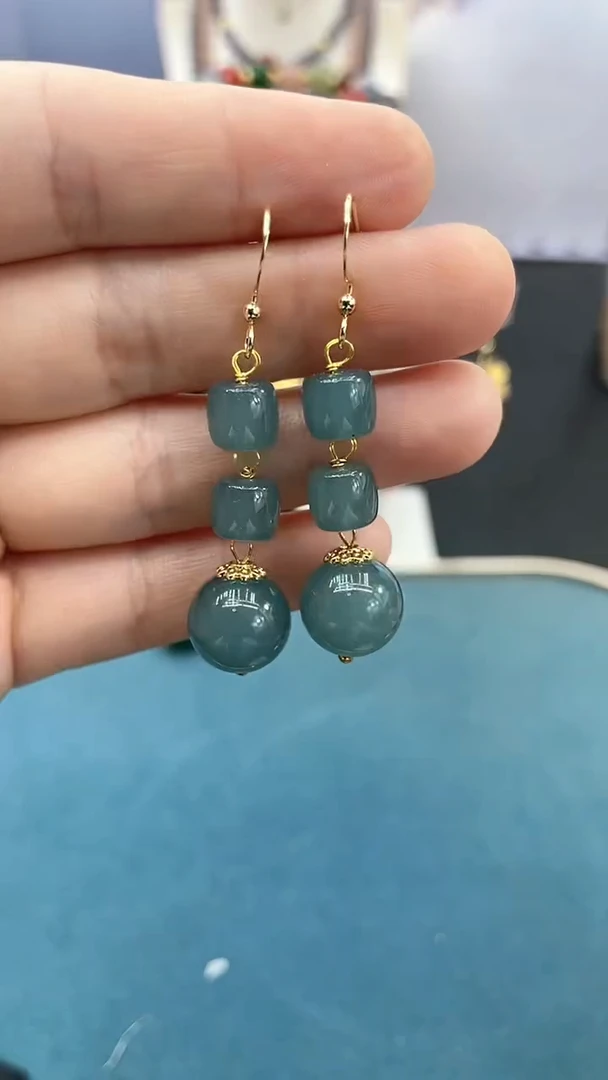 翡翠14K金镶嵌耳饰12mm*蓝水耳钩*F3