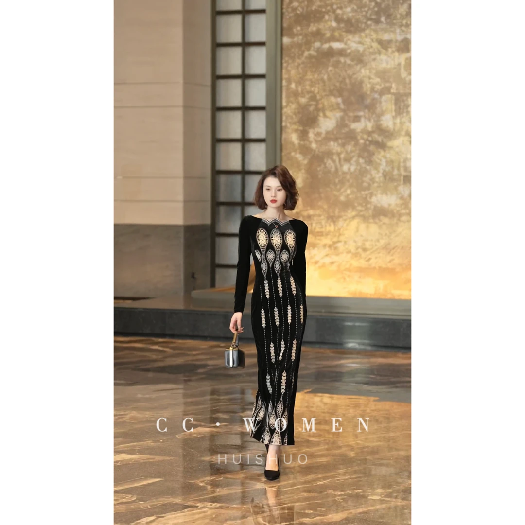 彩彩家【西洋茶会】长袖显瘦修身收腰优雅一字领气质优雅连衣裙