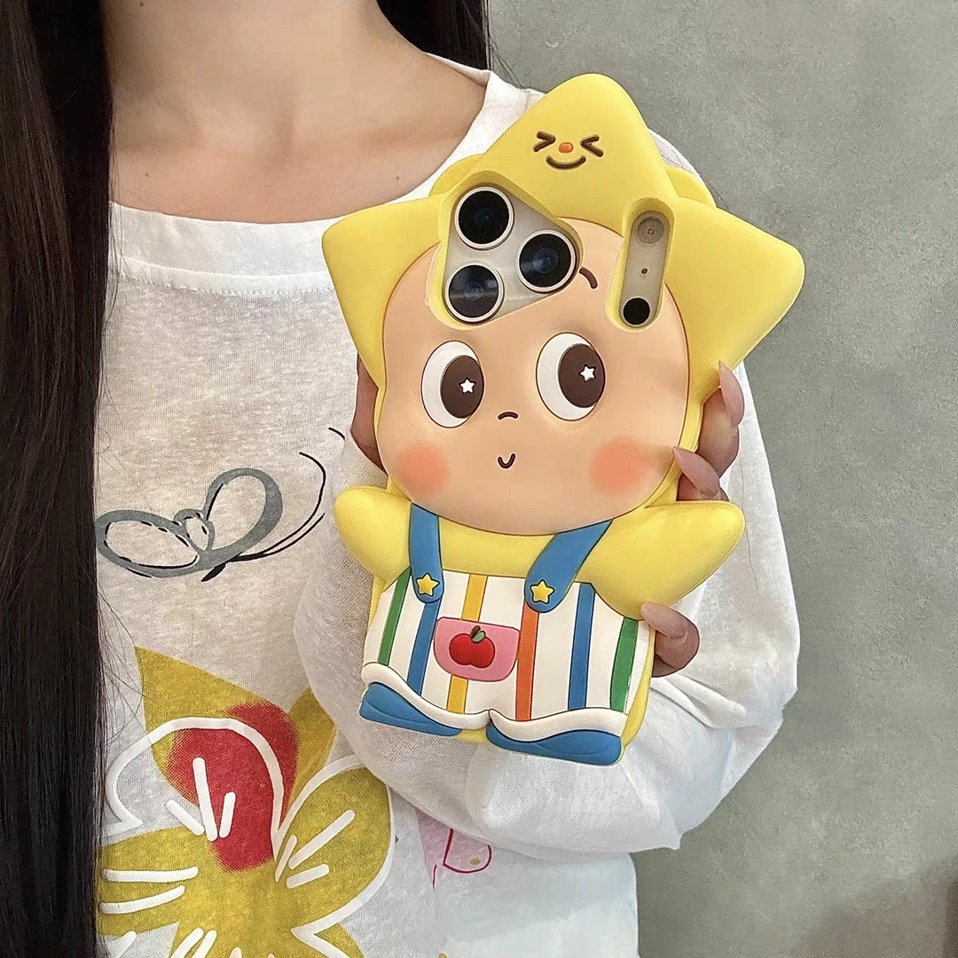 苹果|卡通背带裤星星人适用iPhone17可爱ins韩斜挎硅胶手机壳