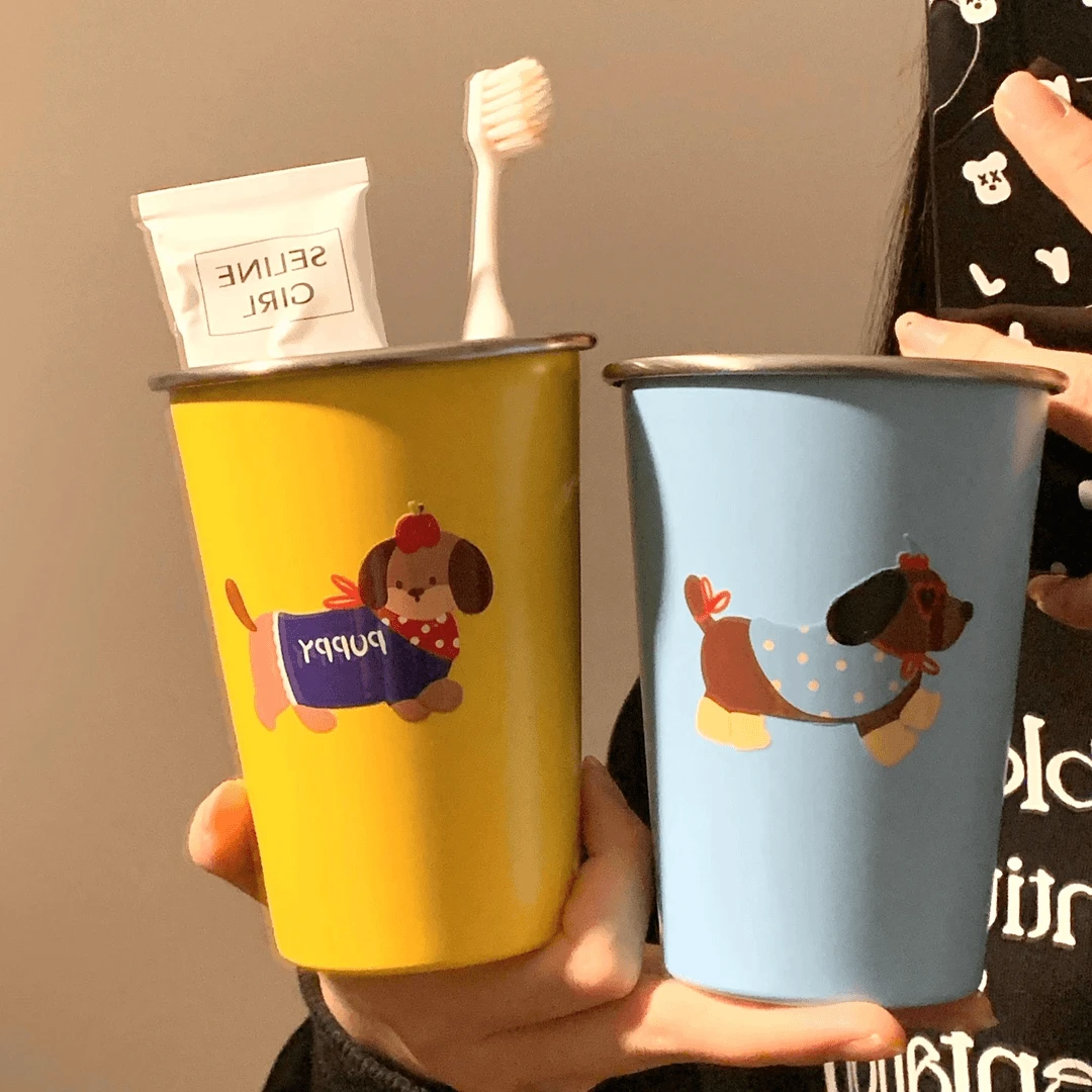 腊肠小狗卡通无盖304不锈钢创意潮流学生家用洗漱杯漱口杯牙刷杯