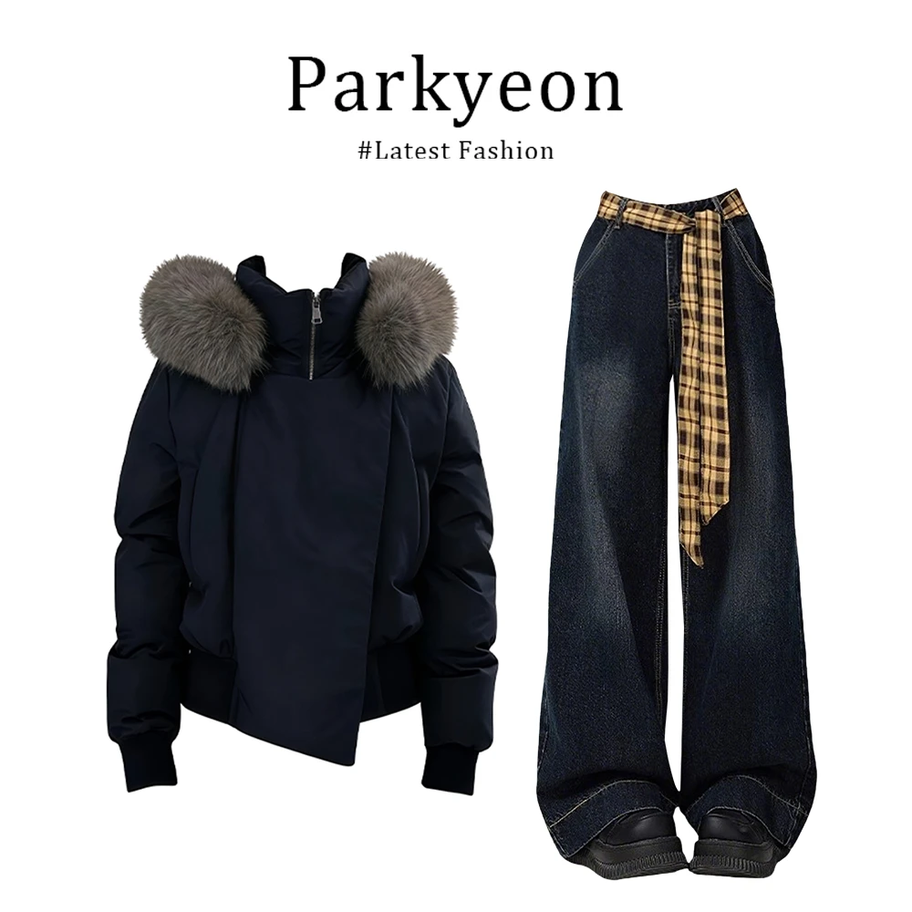 韩版毛领连帽加绒加厚棉服飘带修身牛仔裤显瘦两件套女