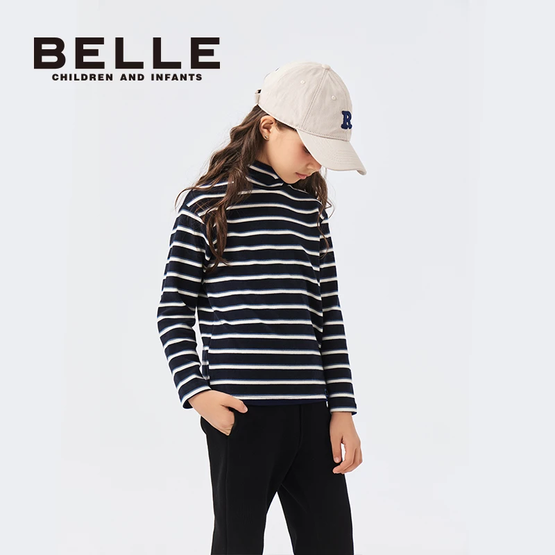 百丽男女童冬季打底衫长袖户外高领秋季儿童针织条纹中大童BB0122