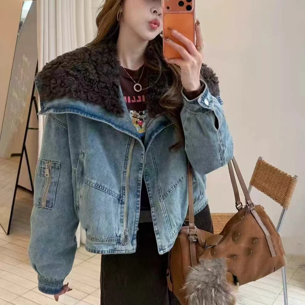 65186#y咖色大翻领牛仔短款保暖外套冬季新款派客服韩系时尚