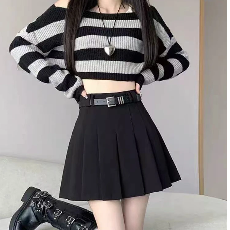 9806#短裙半身裙灰色百褶裙新款防走光a字裙高腰遮胯裙子