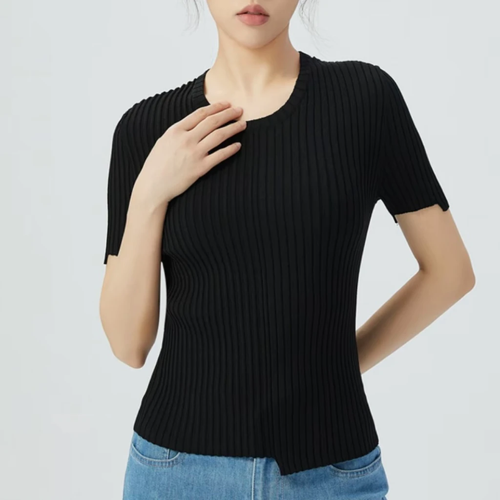 GIRDEAR/哥弟 夏季气质百搭通勤圆领休闲简约短袖针织衫1399607