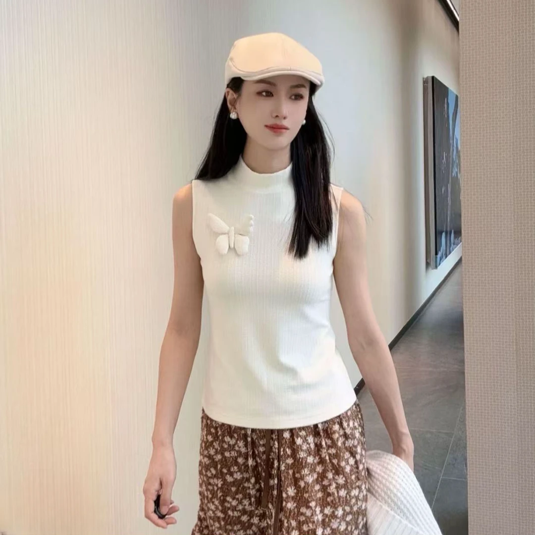 【AMSSGIRD】夏季新款时尚百搭蝴蝶装饰半高领背心短袖上衣530033