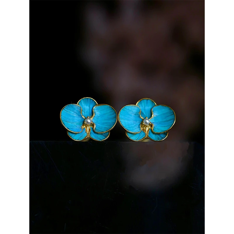 铜合金耳饰 烧蓝蝴蝶兰耳钉女中式古典东方美国风景泰蓝旗袍耳饰
