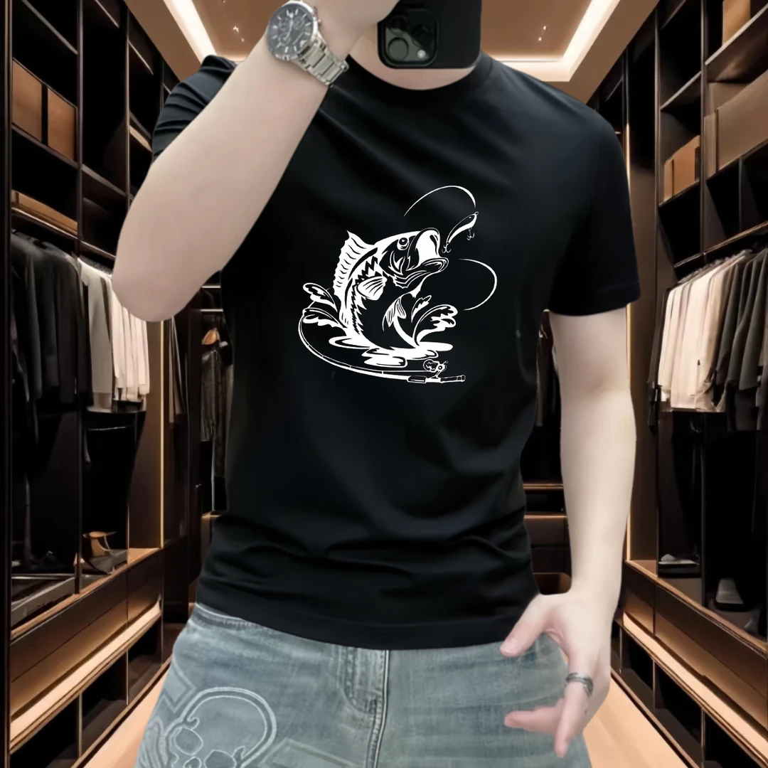 2025新款夏季丝光棉短袖t恤男士潮牌圆领上衣轻奢ins印花半袖体恤