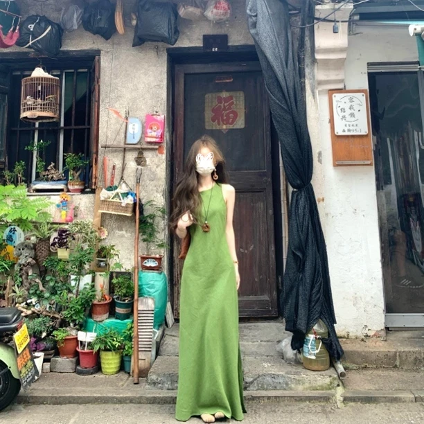 森系复古绿色吊带连衣裙女夏季气质收腰显瘦背心长裙1483