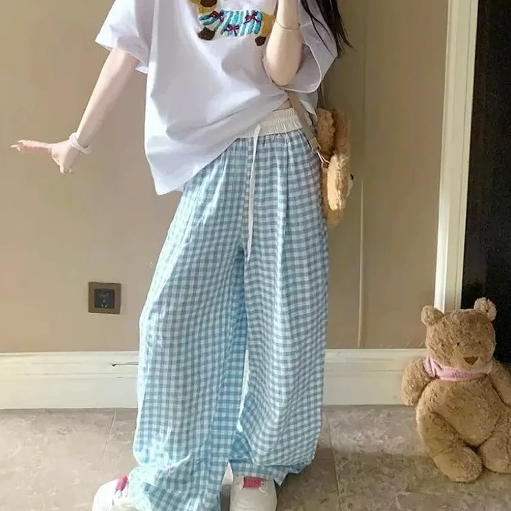 【无口袋】多巴胺格子裤女春夏薄款高腰慵懒阔腿裤宽松遛弯拖地裤