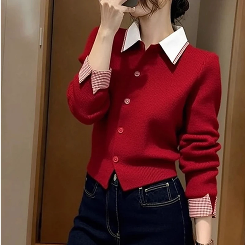 红色Polo领短款针织上衣女早秋2025新款爆款减龄百搭长袖毛衣开衫