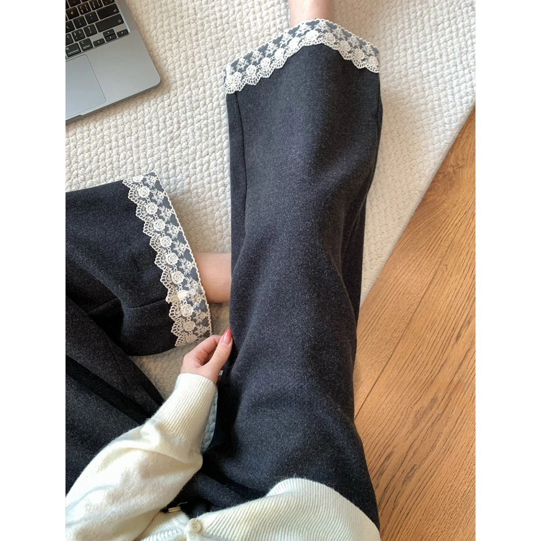 蕾丝拼接九分直筒裤2025秋冬新款梨形身材显瘦宽松阔腿休闲毛呢裤
