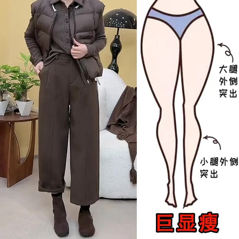 冬季新款韩系时尚休闲百搭加绒简约风遮肉显瘦高腰宽松九分气球裤