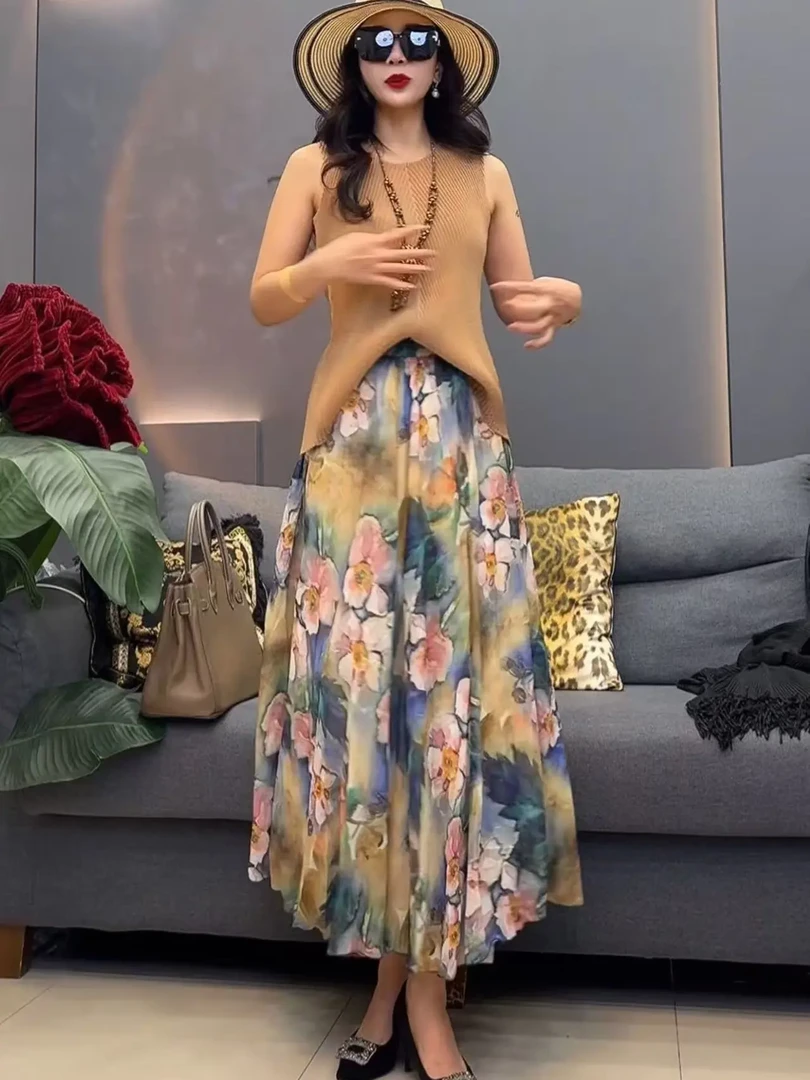【美添】6639新款减龄法式气质显瘦 垂感 设计感小众 印花半身裙