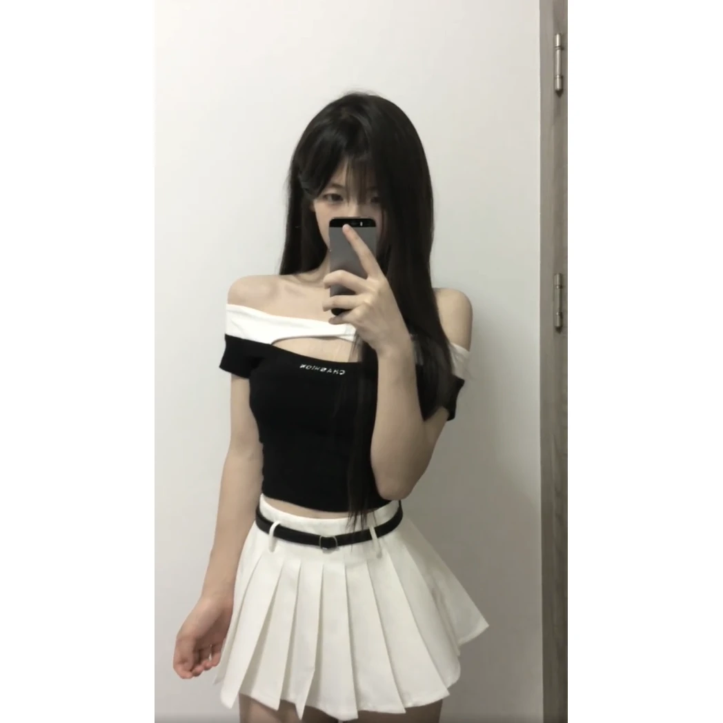 美式辣妹撞色一字肩蝴蝶扭结短袖T恤女夏季设计感气质收腰短上衣