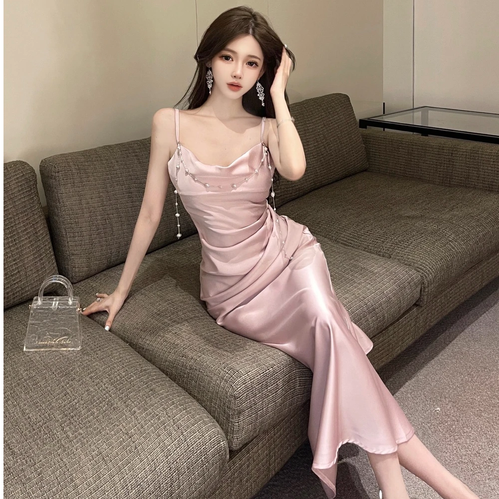 法式绝美醋酸缎面吊带连衣裙女夏季轻奢高级感性感纯欲生日礼服裙