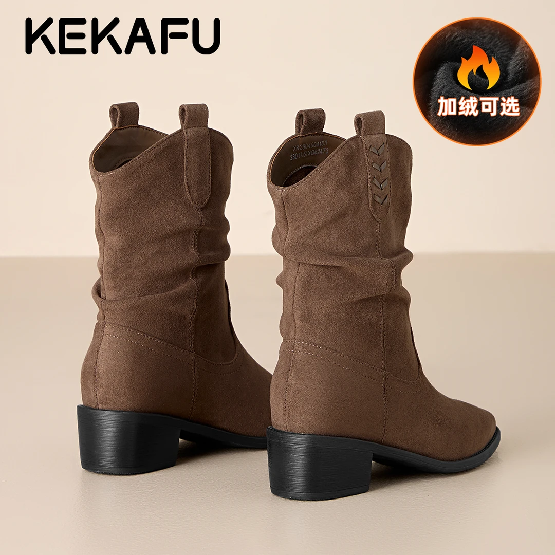 珂卡芙加绒加厚西部褶皱短靴2025冬季新款爆款棉靴尖头中筒堆堆靴