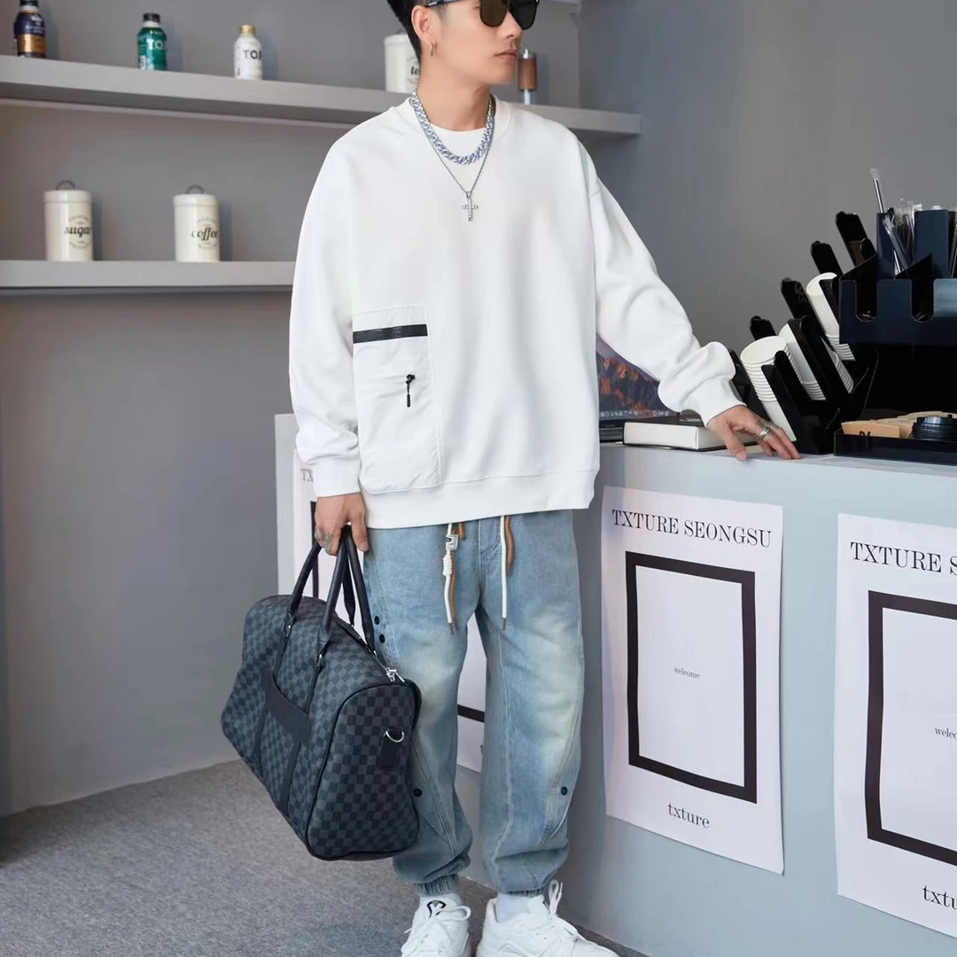 2024新款时尚边口袋落肩上衣男秋冬宽松卫衣