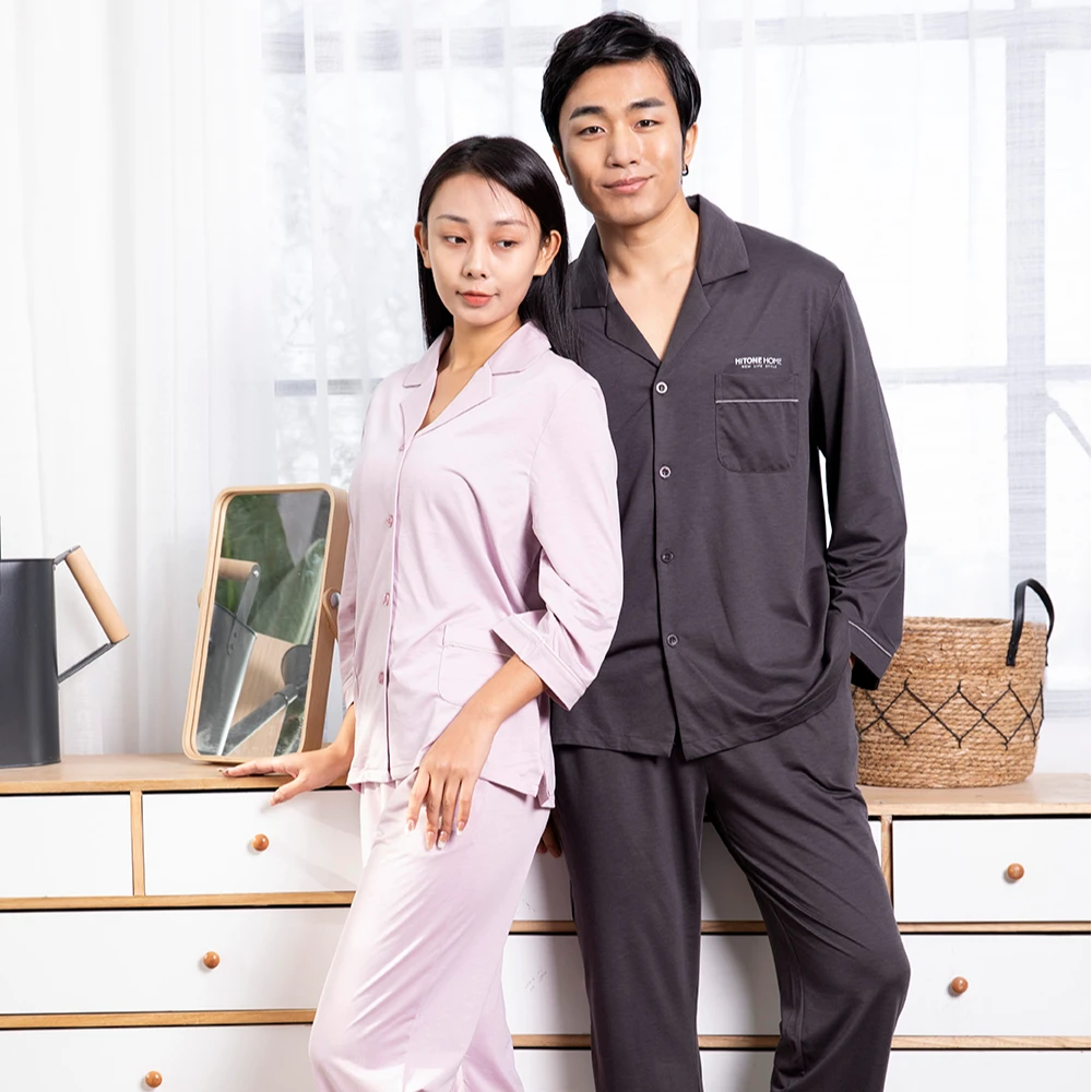 情侣款长袖大码长裤翻领睡衣宽松上衣秋冬家居服套装薄款居家透气