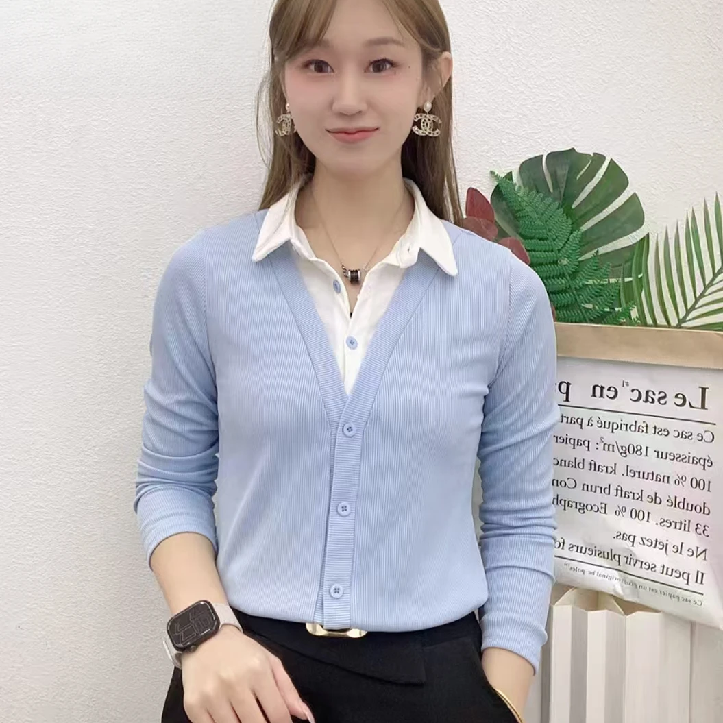 假两件拼接衬衫设计感春季新款时尚简约气质宽松百搭翻领长袖小衫