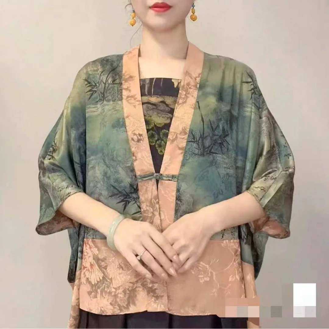 【422】夏季双面穿新款薄款复古女夏季宽松短外套水墨晕染上衣