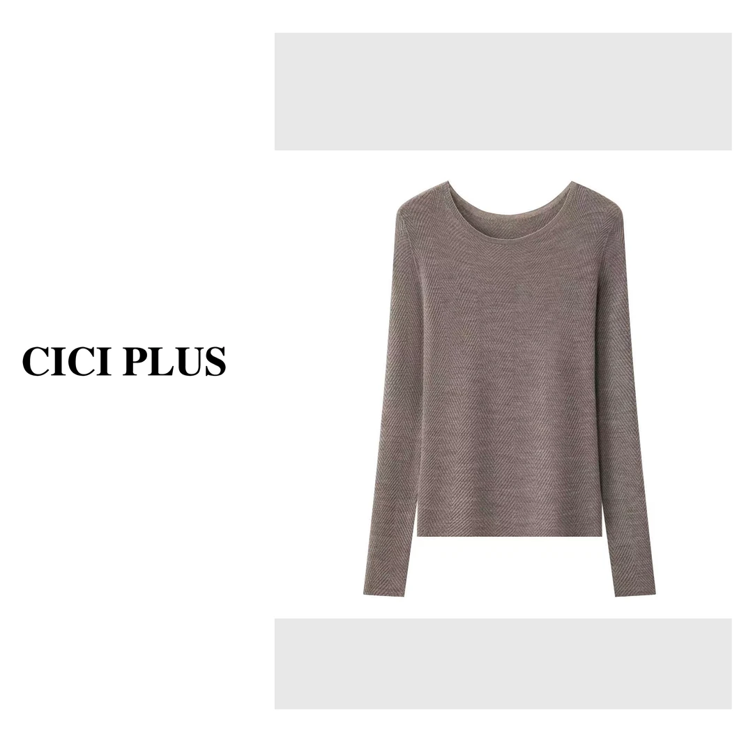 【CICI PLUS】【精纺羊毛】2025早秋无缝一体水波纹圆领T恤25C6329