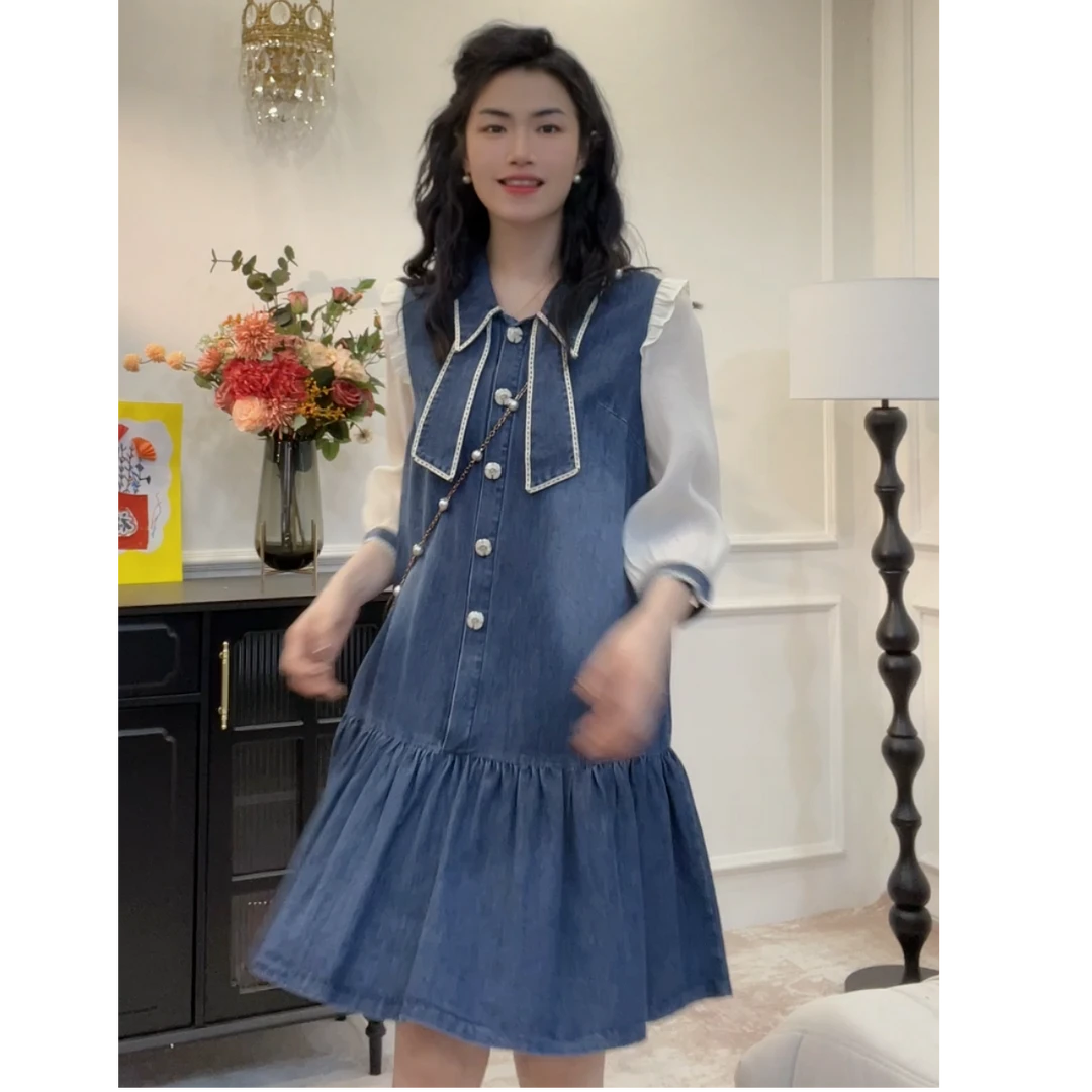 【小情歌】春夏新款牛仔裙假两件连衣裙女法式显瘦设计感荷叶边裙