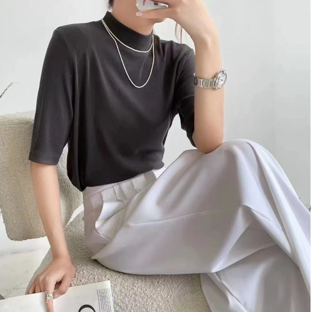 简约气质时尚百搭显瘦半高领五分袖中袖针织打底衫