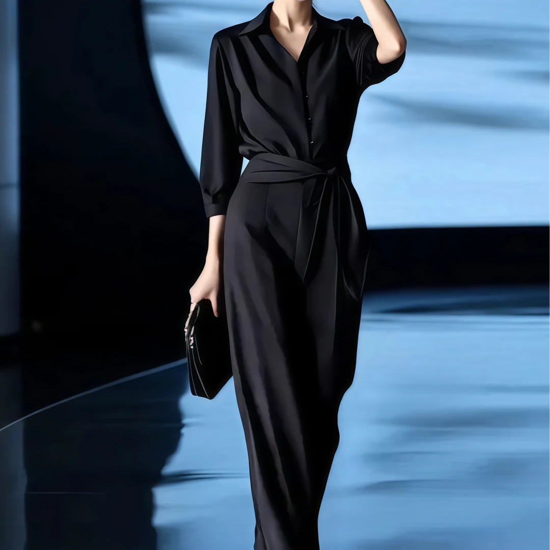 罗芬面料故事旗舰店女连体裤设计感女2025年夏季衬衫连体裤