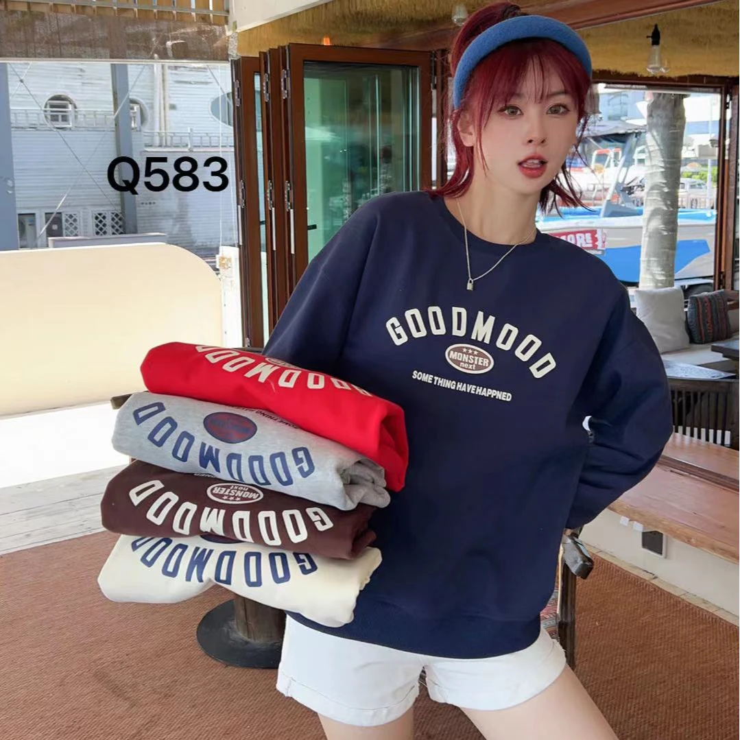 H-1-583春秋圆领字母印花百搭设计感宽松长袖女卫衣衣长65胸围118