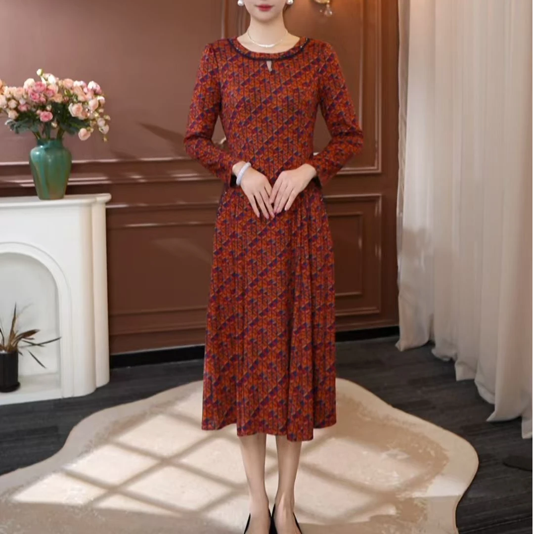 【妙莱西班牙红】秋冬季新款时尚优雅品牌上档次妈妈装长袖连衣裙