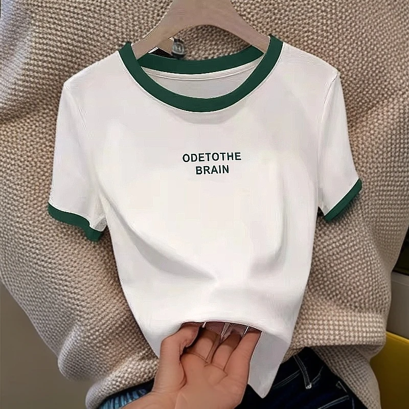 美式圆领正肩短袖t恤女夏季2025新款欧若风字母印花拼接白色上衣