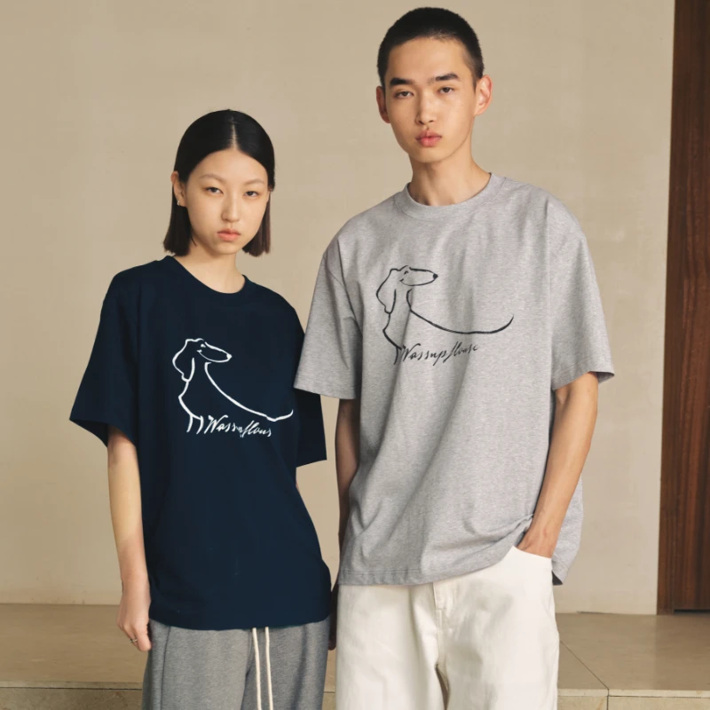 WassupHouse腊肠简笔画印花短袖T恤趣味休闲速干凉感短袖情侣款
