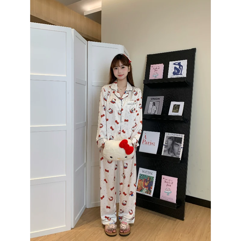 可爱甜美卡通Kitty印花睡衣女春秋新款开衫冰丝家居服大码两件套