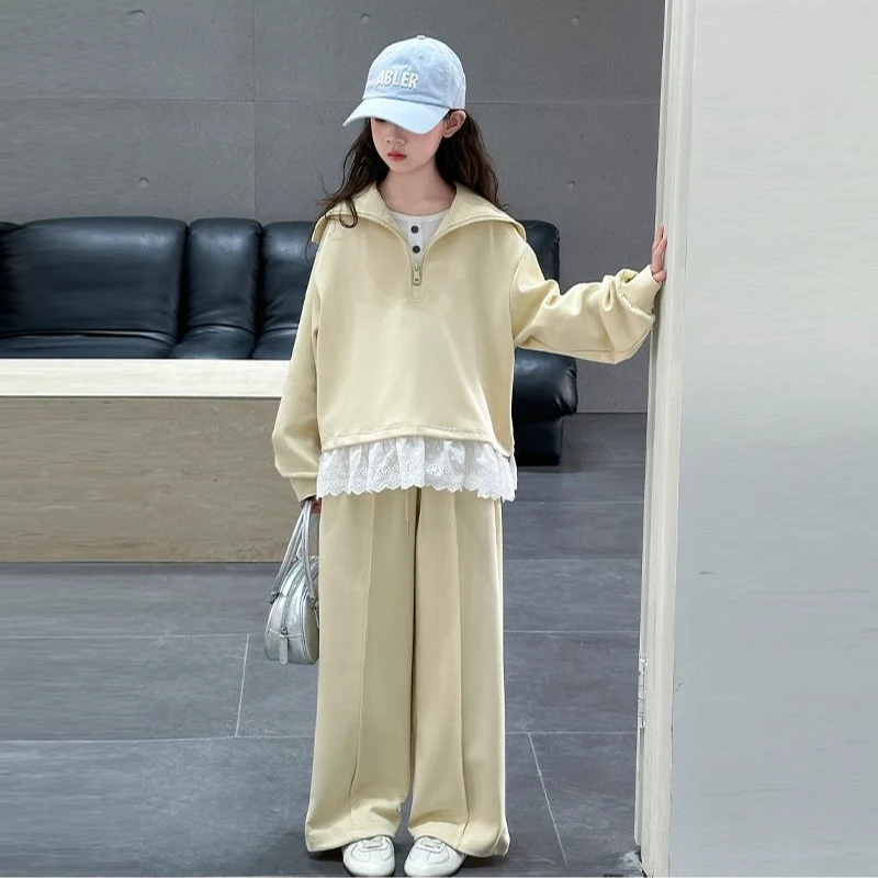 运动夏装法国NFV女童春装套装2025新款儿童洋气花边卡通拼色卫衣