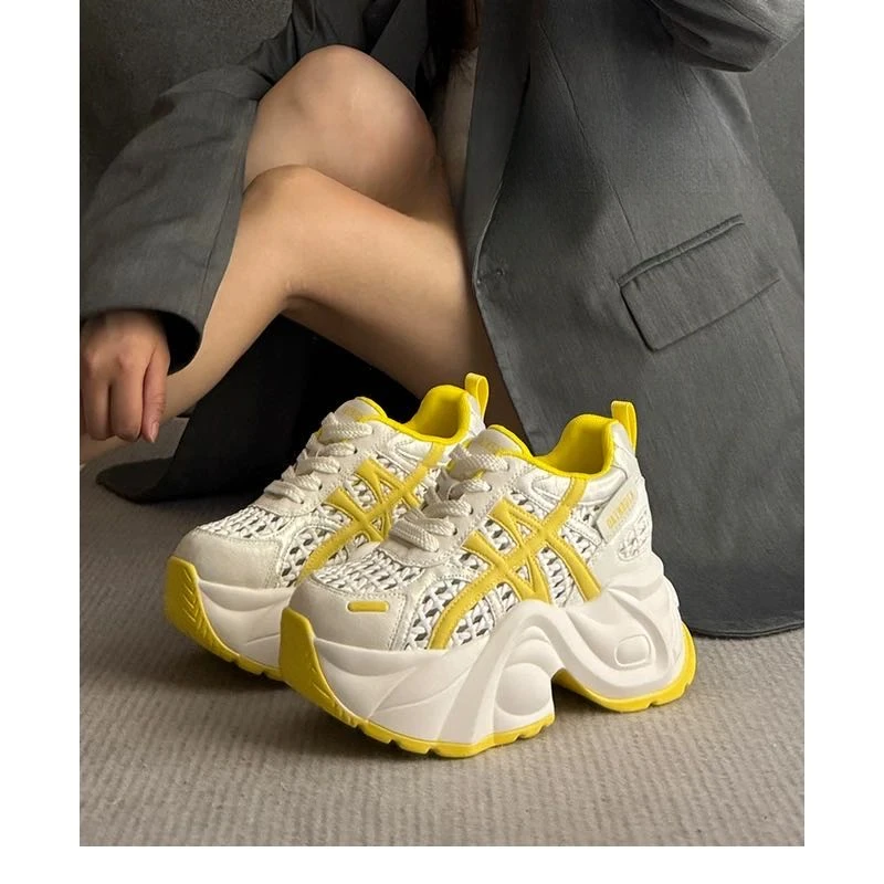 老爹鞋女薄款小个子2025夏新款镂空编织运动鞋10cm厚底内增高女鞋