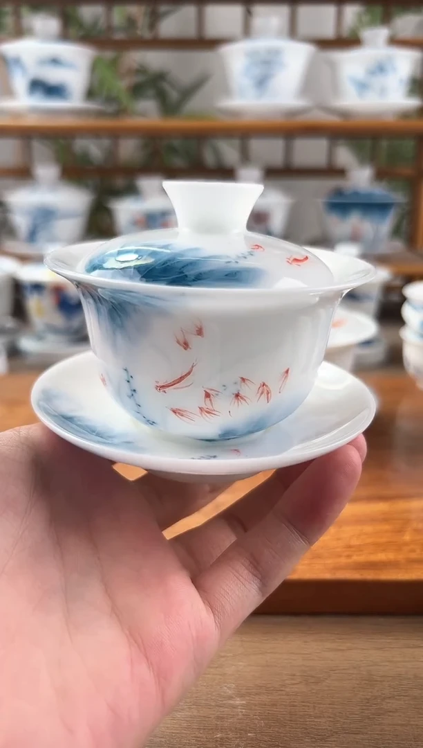 微瑕高冰蓝莲130ml三才盖碗