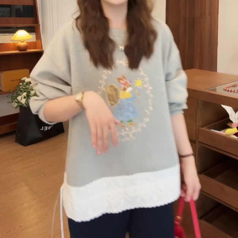 【许愿小兔】韩系圆领长袖落肩拼接气质百搭卫衣LK2506236