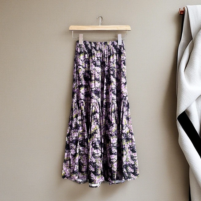 （贵夫人碎花裙）2025新款高腰夏季长裙显瘦大摆裙复古花裙F889