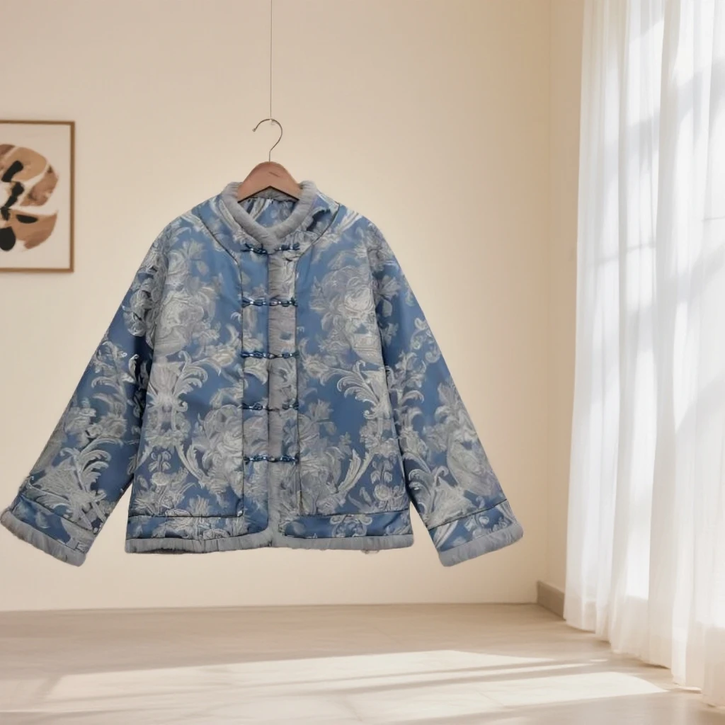 常规棉服兔毛保暖复古厚款国潮棉衣盘扣乱针修补宽松型