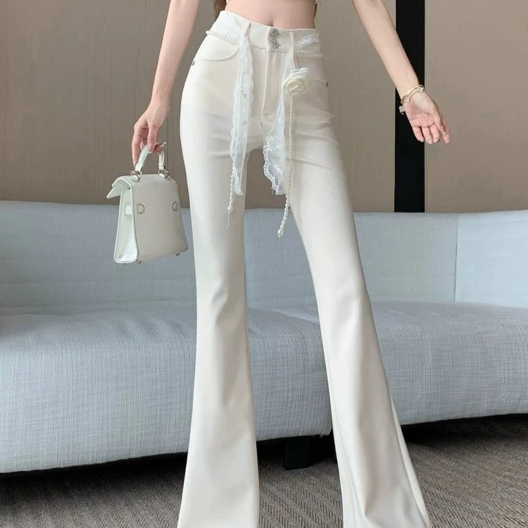 微喇西装裤女春季设计蕾丝拼接珍珠高腰裤垂感休闲拖地长裤99288#