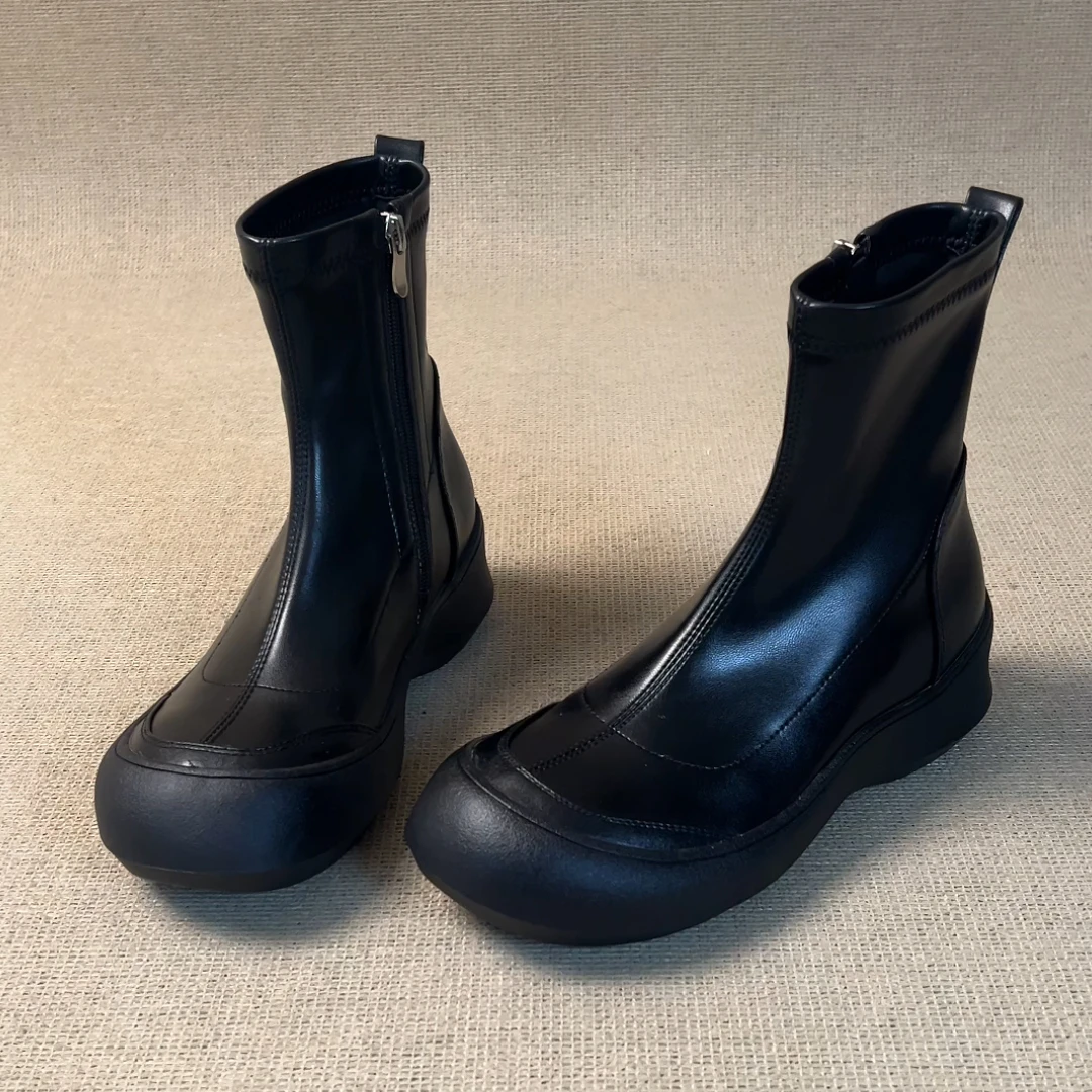 RubyL/5.5cm小个子通勤百搭拼接侧拉链圆头厚底弹力瘦瘦靴女款