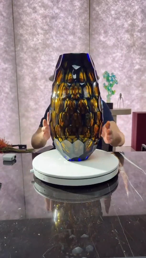 摆件璨石美学【浮光跃金】蓝色茶金凹面花器大号